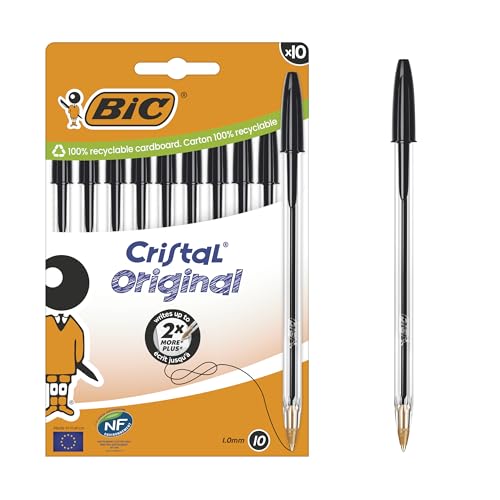 Bic Cristal Original Stylos-Bille Pointe Moyenne (1,0 mm) - Parfait pour l'Ecole et au Bureau - Noir, Boîte carton de 10