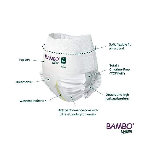 Image of Bambo Nature Premium Baby Pants Diapers for Baby Large Size (7-12 Kgs), Super Absorbent, Breathable, Extra Soft, Dermatologically Tested, Hypoallergenic Nappies With Wetness Indicator, 60 Count