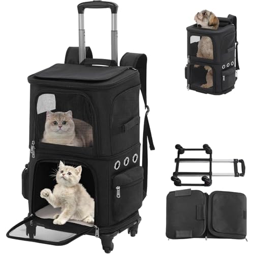 Holowa 猫 2 匹 キャリー リュック キャスター付き 小型 犬 キャリー カート 2段式 ペット ネコ の トロリーバッグ 大容量 通気性 旅行/通院/交通機関/災害避難用 グレー (ブラック,55*36*13cm)