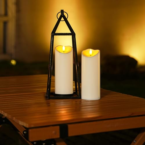 Image of Homemory Outdoor Waterproof LED Candles, Battery Operated with Remote and Timers, Electric Fake Plastic Pillar Candles, Ivory White, Set of 2