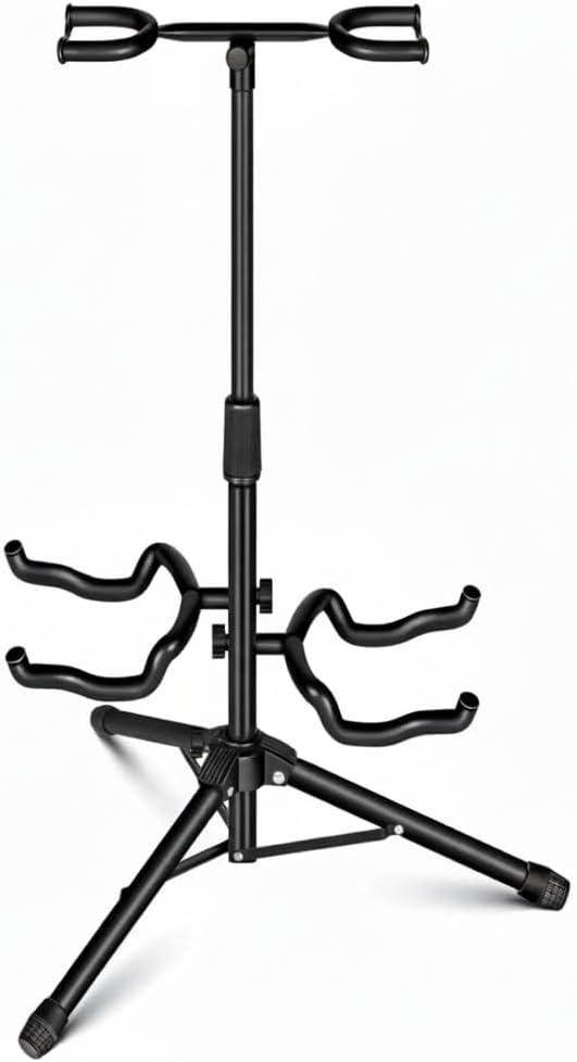Adjustable Double Guitar Stand – Folding Metal Floor Stand for 2 Acoustic, Electric & Bass Guitars, Height 17–25.5 in, Padded Neck Holder, Stable Tripod Base, Portable Black