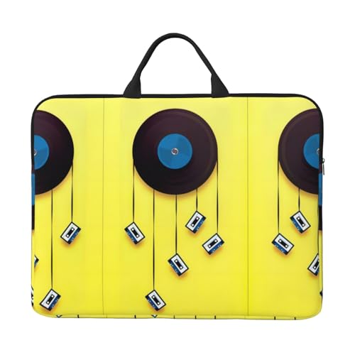 Custodia per computer portatile da 14, con stampa di dischi in vinile e nastri, con manico portatile, ideale per viaggi di lavoro, pendolarismo e viaggi