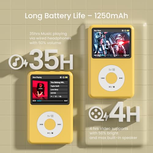 Image of Innioasis 128GB Mp3 Music Player Pocket with Bluetooth, 2.4 inch Screen Video Playback Mini Mp3 HiFi Music Player with SD Card for Home 2025 Yellow
