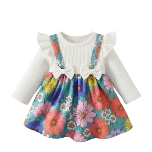 Image of A.T.U.N. (ALL THINGS UBER NICE) Baby Girls Poly Silk Frock with Bow Straps & Ruffle Sleeves | Stylish Printed Winter Dress for Kids | Cute Long Sleeve Party Frock