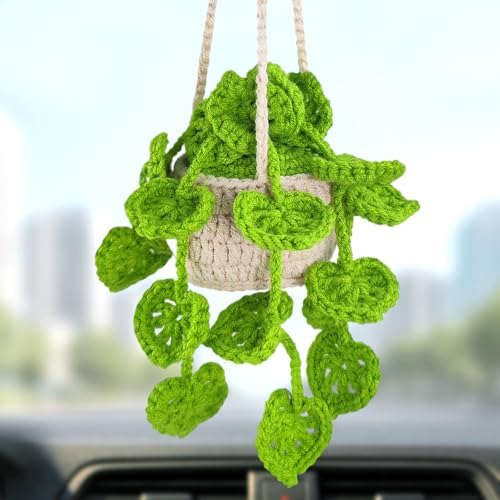 HFZRZFH Boho Crochet Plant Hanging Basket for Car Rear View Mirror Decor Polyester Light Green Durable Handmade Cute Interior Aesthetic Gift for Women