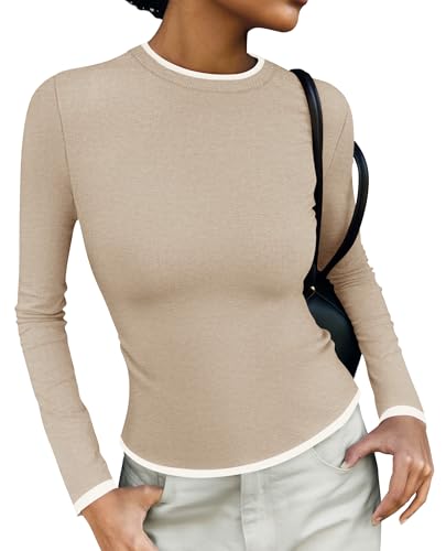 ZESICA Women's Long Sleeve Crewneck Shirts Spring Knit Slim Fitted Casual Basic Tee Sweater Tops
