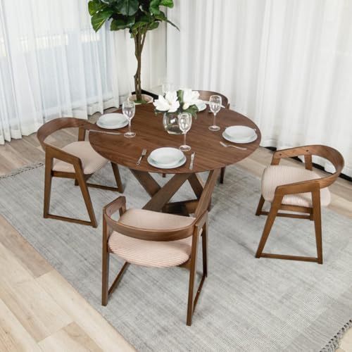 Image of Solid Mango Wood Round Dining Table, Walnut Finish, 120cm Diameter x 75cm Height, X-Base Design