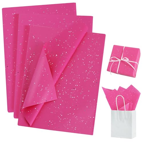 BEISHIDA 50 Sheets Hot Pink Glitter Tissue Paper Bulk Glitter Tissue Wrapping Paper for Gift Bags 14 x 20 Inch Gift Wrap for Birthday Wedding Graduation DIY Crafts Holiday Flowers