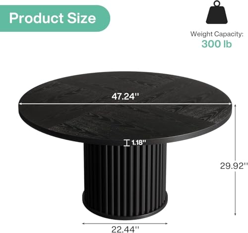 Tribesigns 47.24-Inch Black Round Dining Table for 4-6 People, Modern Fluted MDF + Metal Base Kitchen Table, Sturdy Circle Dining Room Furniture, Black - Image 3
