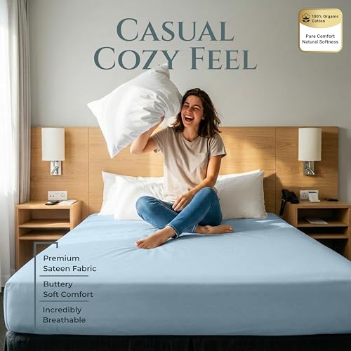 Image of Royale Linens 400 Thread Count Full Fitted Sheet Only - 100% Cotton Full Bed Fitted Sheet - Luxury Sateen Weave - Elastic Deep Pocket Fitted Sheet - Soft Bottom Sheets - Fit Up To 16 inch (Caribbean Blue)