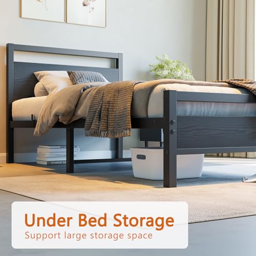 Image of BOFENG Black Twin Bed Frame with Wood Headboard,Metal Single Platform Bed Frame Twin Size No Box Spring Needed,Heavy Duty Metal Slats Support,Noise Free,Single Bed Base,Easy Assembly