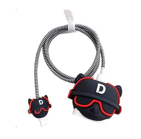 Image of INEFABLE Charger Case Cover Protector with 3D Cute Pattern for iPhone Charger only 18W & 20W, Data Charging Cable Wire Saver Protective Cable Cover Full Protection - Set Of 1 (Black Dog)