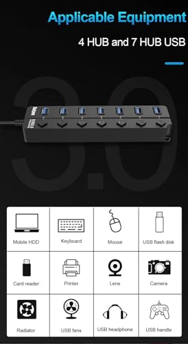 Image of USB Hub 3.0 - 7-Port High-Speed USB Splitter with Individual On /Off Switches, LED Lights, USB Extension for Laptop, PC, Mobile HDD - Plug & Play Data Hub (No Power Adapter)