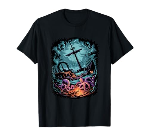 Octopus Kraken Pirate dans le brouillard de cimetière de bateau T-Shirt