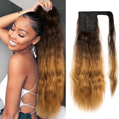 rosmile Corn Wave Ponytail Extension Wrap Around 26 Inches Long Curly Wavy Pony Tail Extension Synthetic Brown to Blonde Ponytails Hairpiece for Women Girls (26 Inches, 6T27 Brown To Blonde)