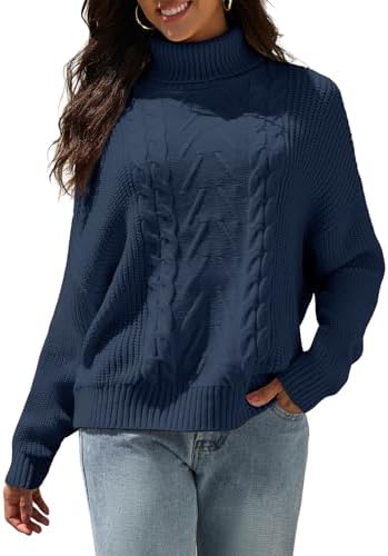 ZAFUL Women's Batwing Long Sleeve Turtleneck Sweater Chunky Cable Knit Pullover Jumper Tops for Fall Winter 2025