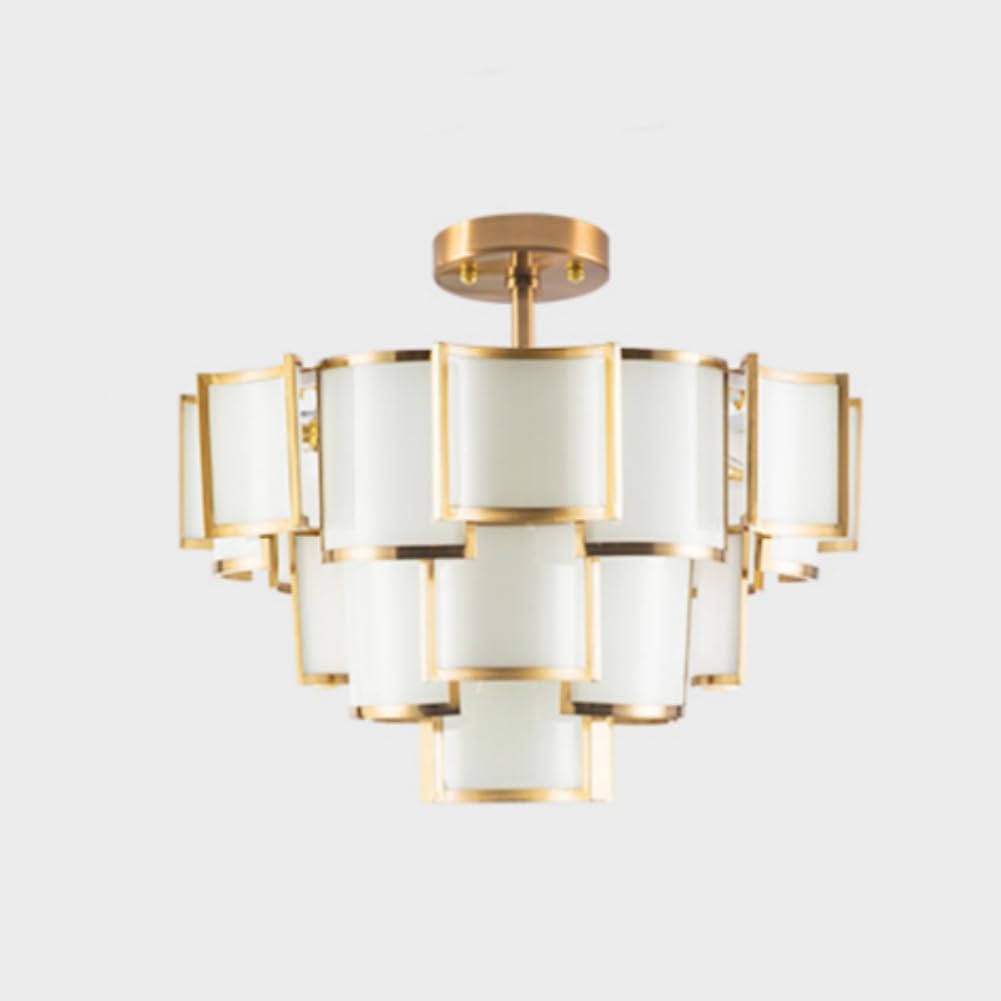 Round Gold Chandelier White Glass 3-Tier Ceiling Pendant Light 9 Lights Elegant Modern Semi Flush Mount Ceiling Light Fixture for Living Room Bedroom Dining Room Dia 23.6"