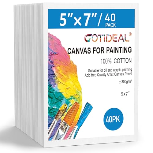 GOTIDEAL Lienzos a granel para pintar, 5 x 7 pulgadas, paquete económico de 40, tableros de lienzo en blanco imprimados con gesso - Suministros de arte 100% algodón, panel de lienzo para pintura