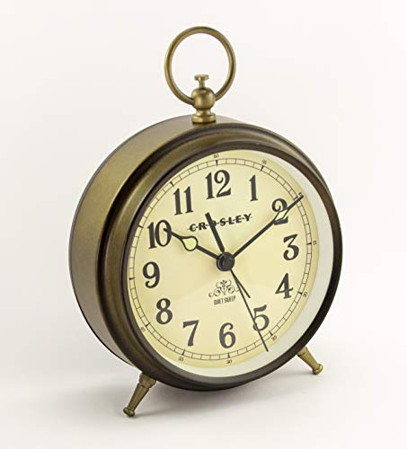 Image of Timelink Metal Crosley Vintage Desk and Shelf Alarm Clock, Old Fashioned Retro Style, Quiet Sweep-Non-Ticking, Battery Operated - Simple Settings, Antique Finish (Bronze)