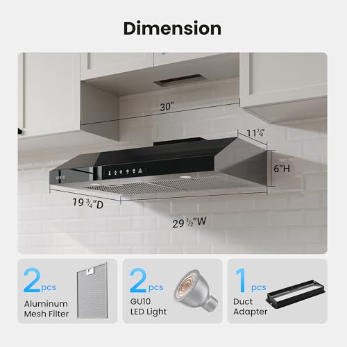 Image of VIKIO HOME Under Cabinet Range Hood 30 Inch, 900 CFM Dual Centrifugal Motor, 3-Speed Ducted Kitchen Vent, Reusable Filters, Stainless Steel Kitchen Hood with LED Lights, Low Noise, Glass Black