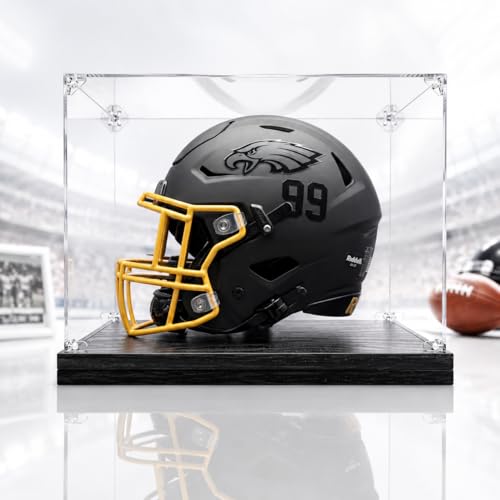 Football Helmet Display Case for Full Size Helmet Clear Acrylic Helmet Display Case with Black Woodgrain Base & Support Stand Dust-Proof Sports Memorabilia Display Box for Football Helmet