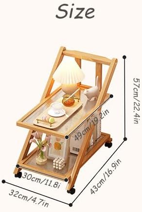 Multi-Layer Wood Storage, Mobile Ladder Shelf with Rattan Countertop,Coffee cart,Foldable Sofa Side Table with Wheels,Living Room Bedroom Kitchen,Yellow,2Layer