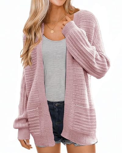 Image of Women's Open Front Cardigan Lantern Sleeve Cable Knit Cardigan Sweater Outwear with Pockets
