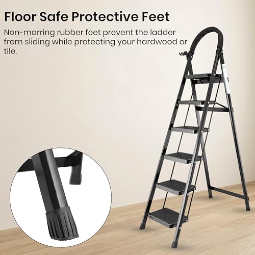 Image of Norman Jr Black 6 Step Ladder for Home Use with Built-in Tool Tray | Heavy Duty D Shape Rods | Ultra Large Platform | Wide Rubber Feet | 150Kg Capacity Foldable Ladder - 7 Years Warranty