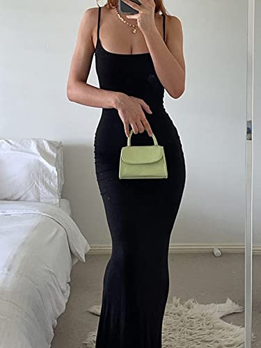 Women Sexy Low Cut Maxi Dress Sleeveless Cami Spaghetti Strap Sling Cami Bodycon Fishtail Long Dress Party Evening Maxi Dress (A-Black, M) - Image 7