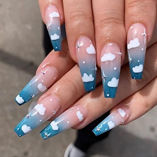 JUSTOTRY 24 Pcs Fake Nails Long, Glossy Black French Press on Nails Patterns, Pretty Nude Ballerina Stick on Nails for Women, Acrylic Coffin False Nails Medium with Glue for Nail Art