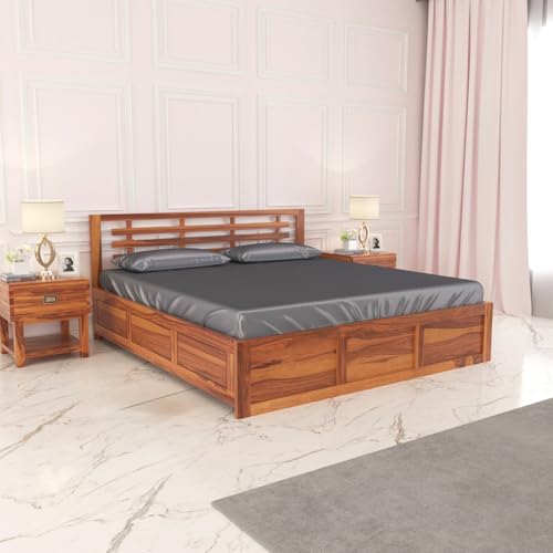 Image of FurnitureSheesham Wood King Size Double Bed with Storage Box for Living Room, Bed Room Solid Wood King Box Bed | Finish Color - Natural Brown, DIY