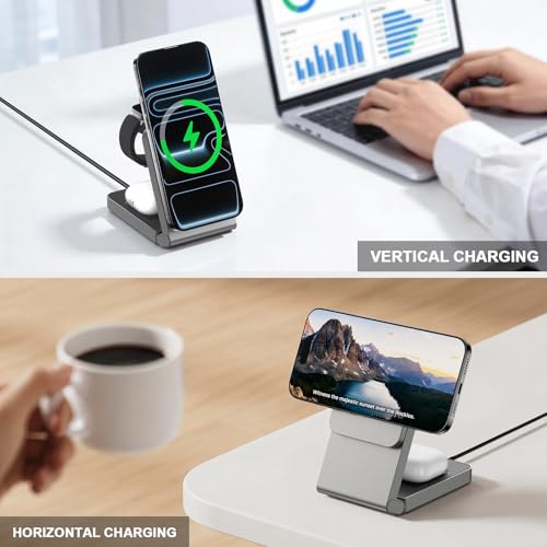 Image of 3 in 1 Wireless Charger Station for Multiple Devices, Foldable Magnetic Charging Stand, Portable Fast Travel Wireless Charger for iPhone17 /16 /15 /14 /13 /12 Pro Max / AirPods2 /3 /4 and IWatch Ultra Series