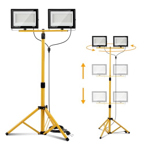 Projecteur de chantier ISOISL avec trépied 2x100W, projecteur LED 2x10000 lumens, télescopique réglable à 1,60 m, rotation à 360°, câble de 300 cm, IP66 pour...