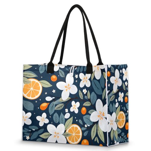 White Flower Lemon Tote Bag for Women Large Beach Bag Reusable Tote Bags for Work Travel Beach Shopping