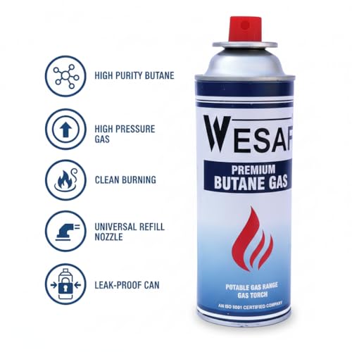 Image of Wesaf Butane Gas 225g (Pack of 4) | Camping Gas Cylinder | Portable High-Pressure Butane Can Liquefied Gas Canister Ideal for Refilling Lighters, Small Stoves, Flame Torches and Welding Equipment