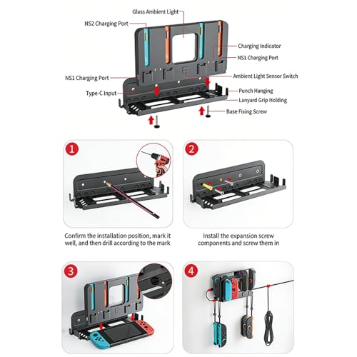 Support mural pour Switch 2 évitant le désordre avec station de charge RVB 6-en-1