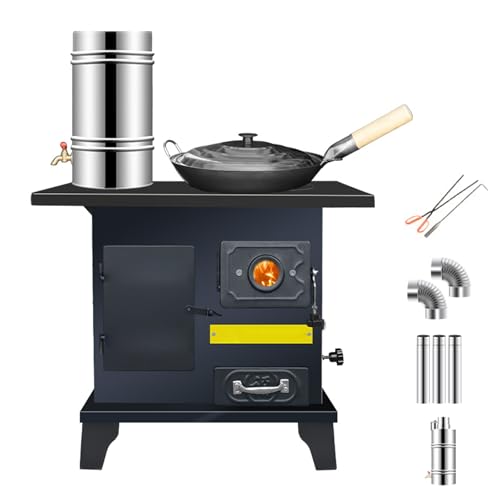 Estufa de Leña de Gasificación con Depósito de Agua, Doble Horno y Capacidad para Calentar 10 M², Estufa Leña de Hierro Fundido Sin Humo para Tiendas de Campaña, Cabañas, Tiendas de Campaña