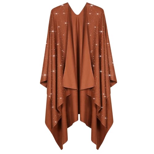 Image of Womens Rhinestones Open Front Poncho Shawl Wrap Cape Ruana Travel Blanket Cardigan