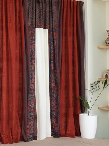 Image of Peepul Tree Mix & Match Solid & Floral Door Curtains Brick Red & Blue | 7 Feet | Set of 3 | 2 Woven & 1 Printed Curtain| 60-70% Light Blocking| Semi Blackout| Pure Cotton | Back Loop Curtains
