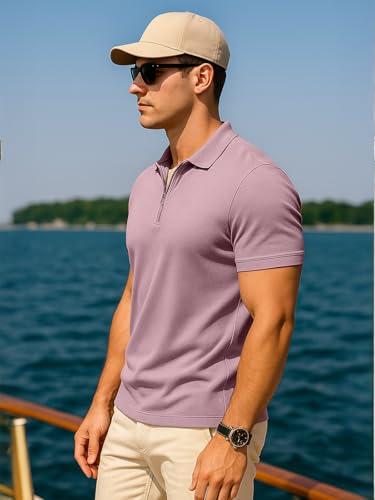 Image of Veirdo Men's Cotton Pique Polo | Premium Zip Neck Casual T-Shirt | Half Sleeve | Black Beauty, Serenity, Wheat, Zephyre