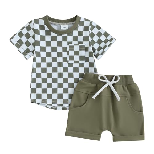 Image of Toddler Baby Boy Girl Summer Clothes Checkerboard Print Short Sleeve T-Shirt Tee Tops Rolled Shorts Infant Outfits