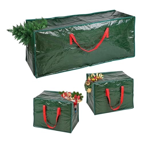 ARSUK Christmas Tree Storage Bag With 2 x Christmas Decorations Storage Bags For Baubles, Tinsel, String Lights - Fits Up to 7ft Artificial Trees - Extra Large Xmas Cover Bag (Green 3pcs Set)
