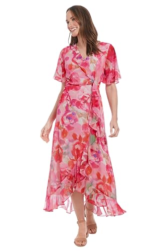 Image of London Times Women's Watercolor Floral Wrap Maxi Dress - Elegant Chiffon Flutter Sleeve Asymmetrical Hem Cocktail Dresses