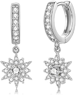 Sliver Drop Hoop Earrings for Women Girls,925 Silver Huggie Dangle Earrings with Sparkling Star Hexagram Cubic Zirconia Hypoallergenic Jewelry Gifts Anniversary Birthday Wedding (Silver & Gold)