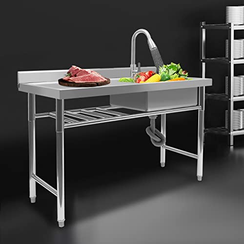 1 Compartment Free Standing Stainless Steel Sink Commercial Kitchen Sink Single Bowl Kitchen Sink Set W/Faucet & Drainboard, Prep & Utility Washing Hand Basin W/Workbench & Storage Shelves #TOP6