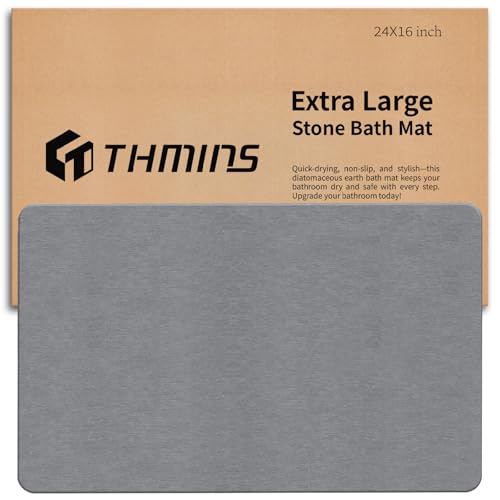 THMINS Stein Badematte 60×40 cm Diatomit Badmatte aus Kieselgur rutschfeste Stein Duschmatte für Badezimmer Super Saugfähig Schnelltrocknend Leicht zu Reinigen Grau
