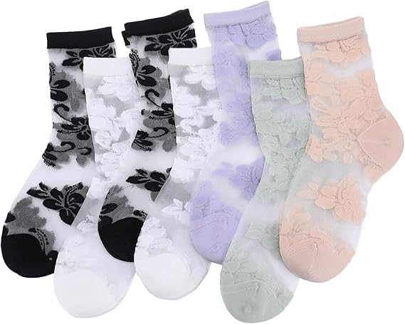 Image of Alafime Coquette Aesthetic Mesh Socks for Women - 7 Pairs Kawaii Embroidered Florals Y2K Full Tube Sheer Socks