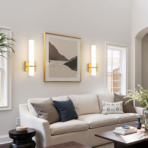 Image of AIJIASI Battery Operated Gold Wall Sconces - 15 Inch Modern Sconce Wall Lighting 3000K-6000K Dimmable LED Wall Sconces Set of Two, Indoor Bathroom Sconce for Living Room Bedroom Hallway Stairway