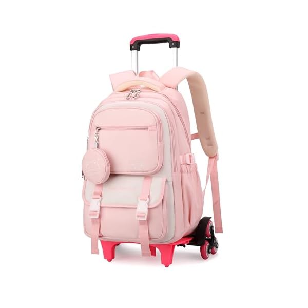 Rolling Backpack for Girls Kids Backpack with Wheels Elementary School Roller Bookbag Trolley School Bag for Travel Pink