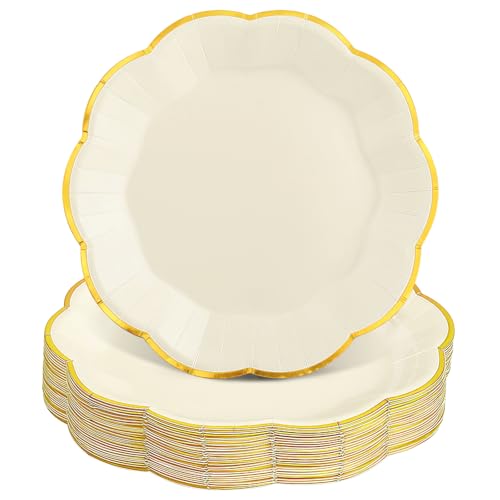 Image of 30 Pcs Ivory and Gold Paper Plates 9 Inch Cream Plates with Gold Trim | Beige Scalloped Plate Fancy Wedding Plate Disposable for Wedding, Birthday, Party, Dinner